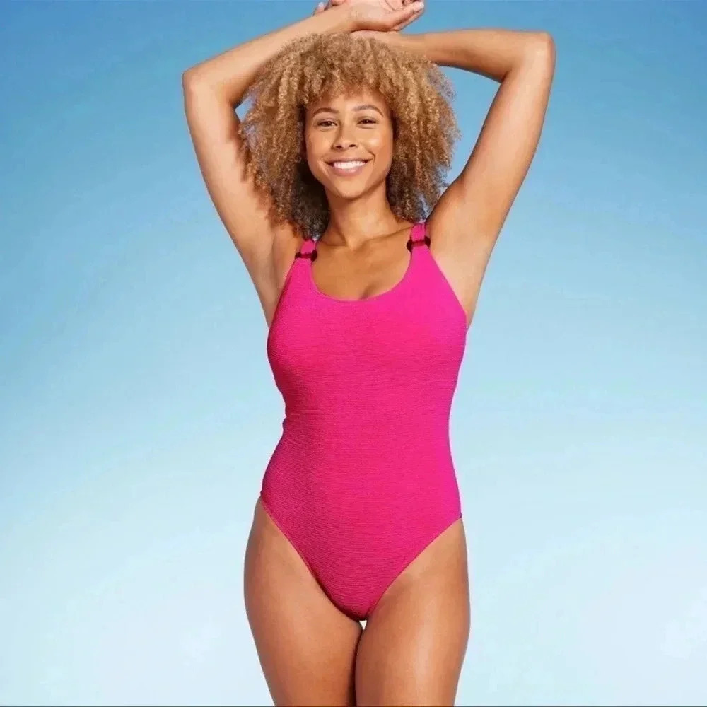 Women’s Small Pink One Piece Bathing Suit Shade & Shore High Leg Square Neck